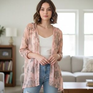 ONE A Open Weave Light Blush Long Cardigan Duster Sweater Long Sleeve Medium